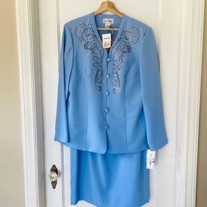 K C Studio Sky Blue Beaded Lace 2 Ps Skirt Suit Size 14 NWT Elegant Classic MOTB